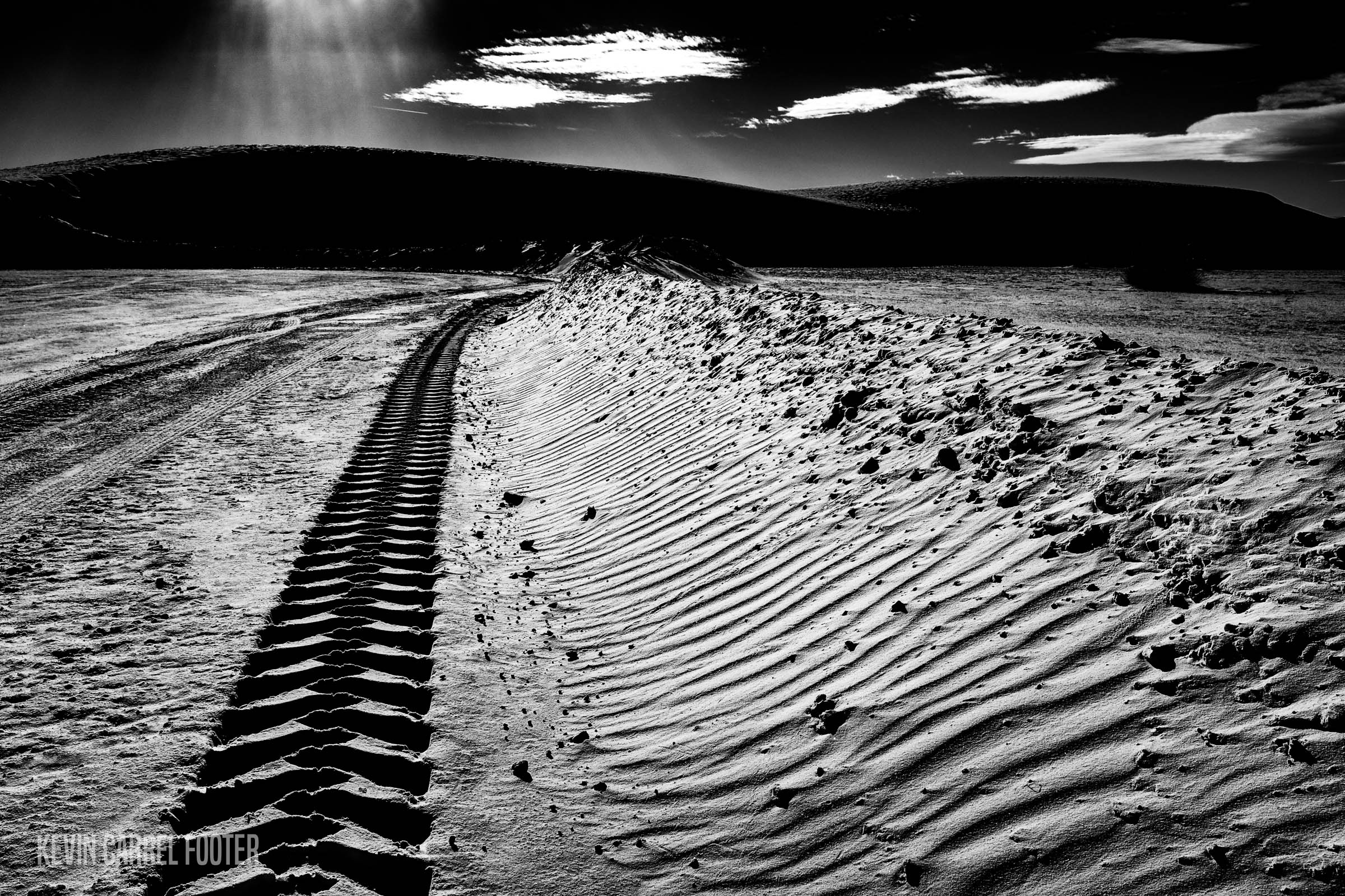 tire tracks, white sands